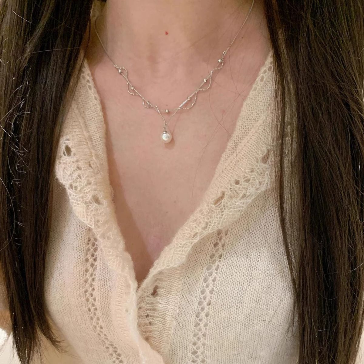 Elegante Silberne Perlen Spitzenhalskette Damen Sommer Luxus_voghion.com