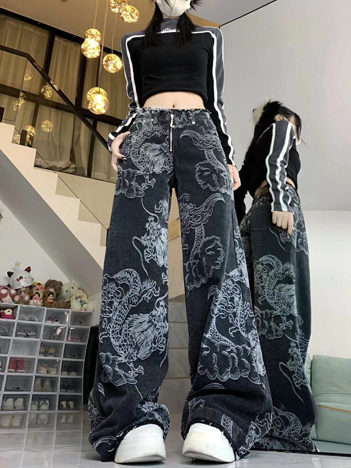 國潮龍紋印花hiphop設計毛邊闊腿牛仔褲女秋冬高腰寬鬆顯瘦拖地褲