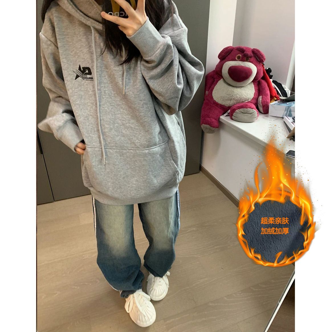 加絨加厚復古黃泥水洗做舊百搭直筒牛仔褲女新款設計三條槓闊腿褲