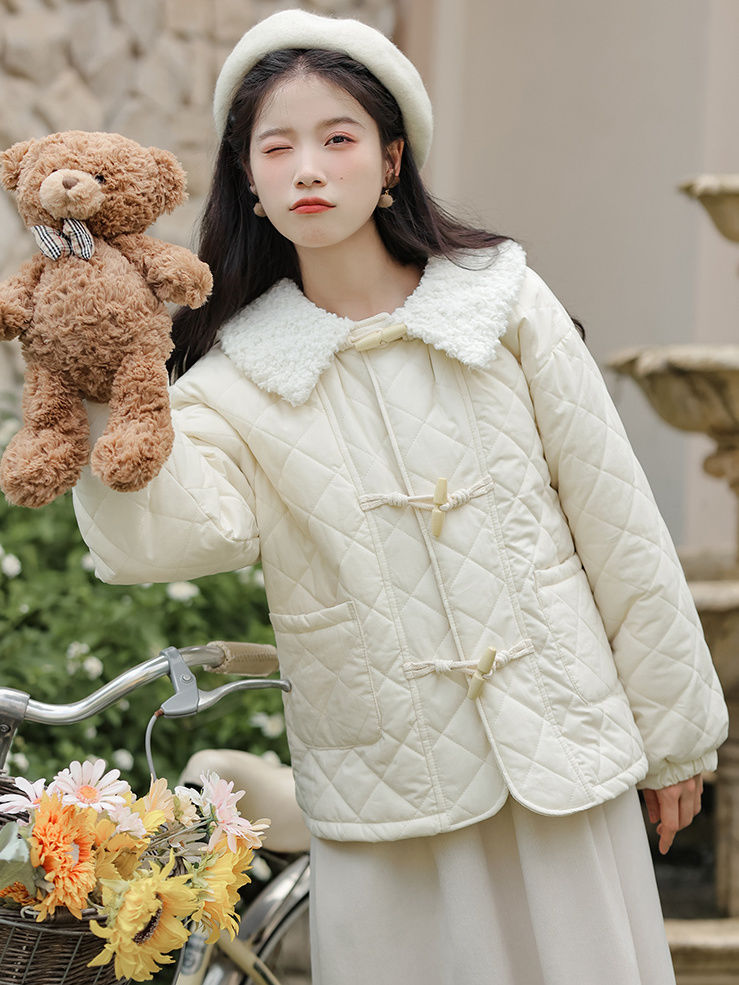 文艺美拉德羊羔毛娃娃领拼接羽绒服百搭冬季小个子保暖棉服外套女