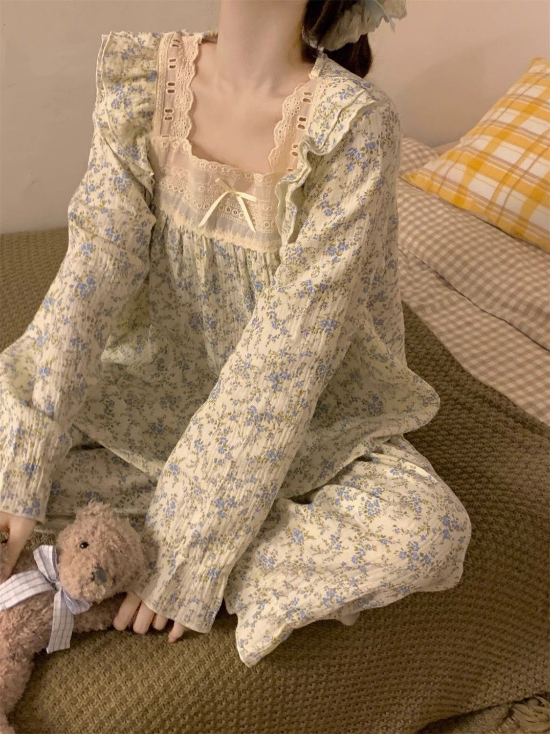 秋季睡衣女2023新款韩版甜美简约荷叶边薄款可外穿长袖家居服套装