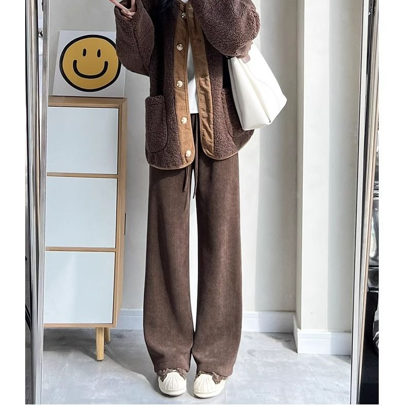 Herringbone pattern woolen wide-leg pants for women in autumn and winter thickened high-waist drape casual loose retro floor-length straight long pants