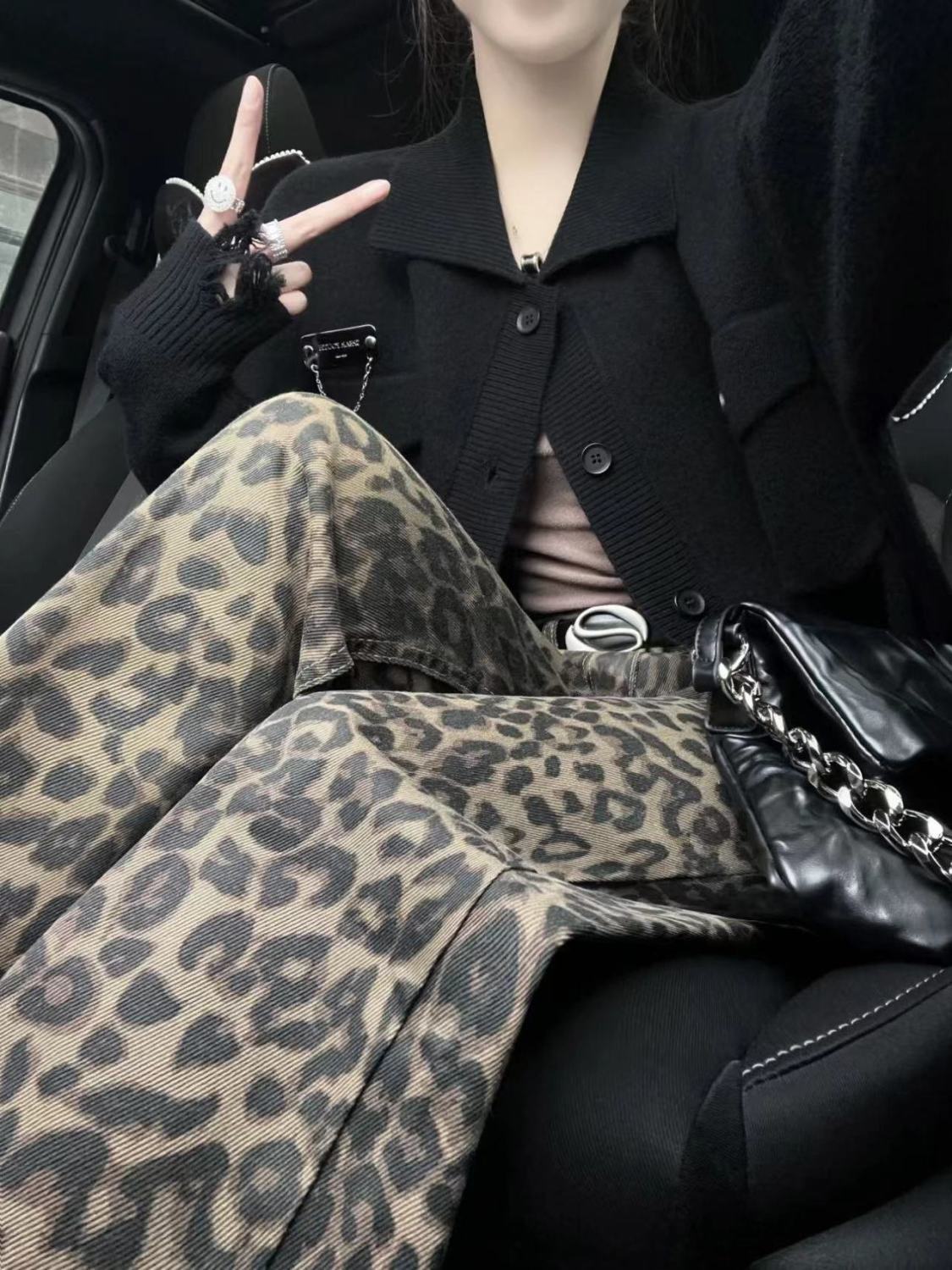 高街豹紋塗鴉闊腿牛仔褲女春季設計感高腰寬鬆顯瘦直筒拖地褲ins