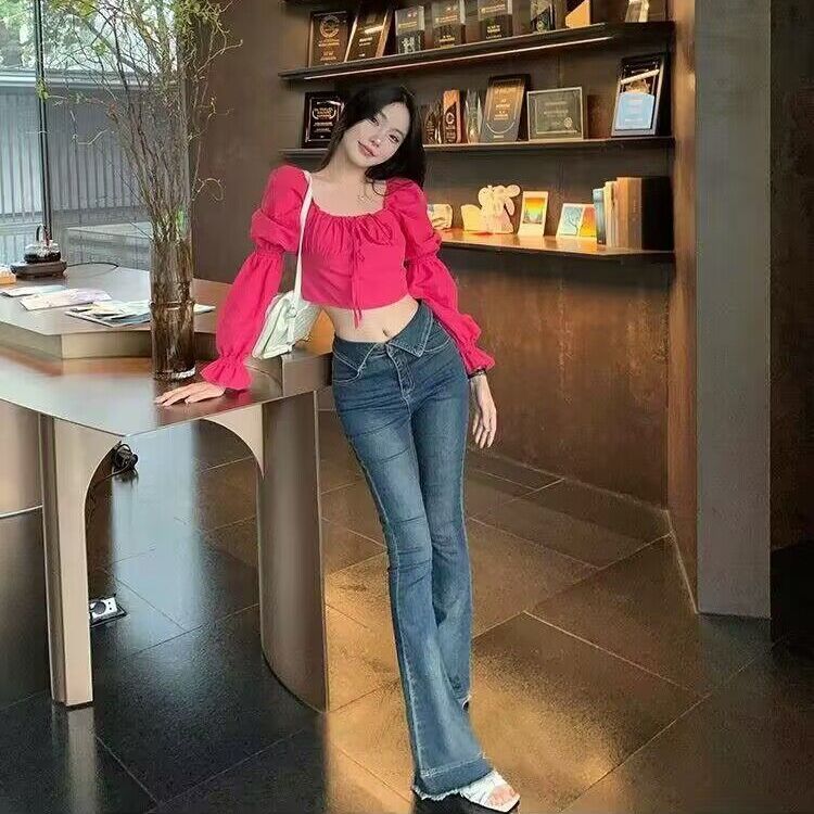 美式高街vibe微喇叭牛仔褲女小個子高腰翻折修身彈力顯瘦馬蹄長褲