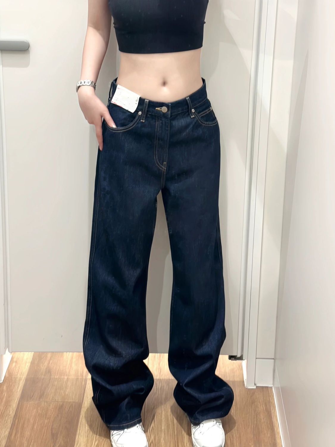 深藍色高腰闊腿牛仔褲女秋冬2023新款寬鬆顯瘦垂感百搭直筒長褲子