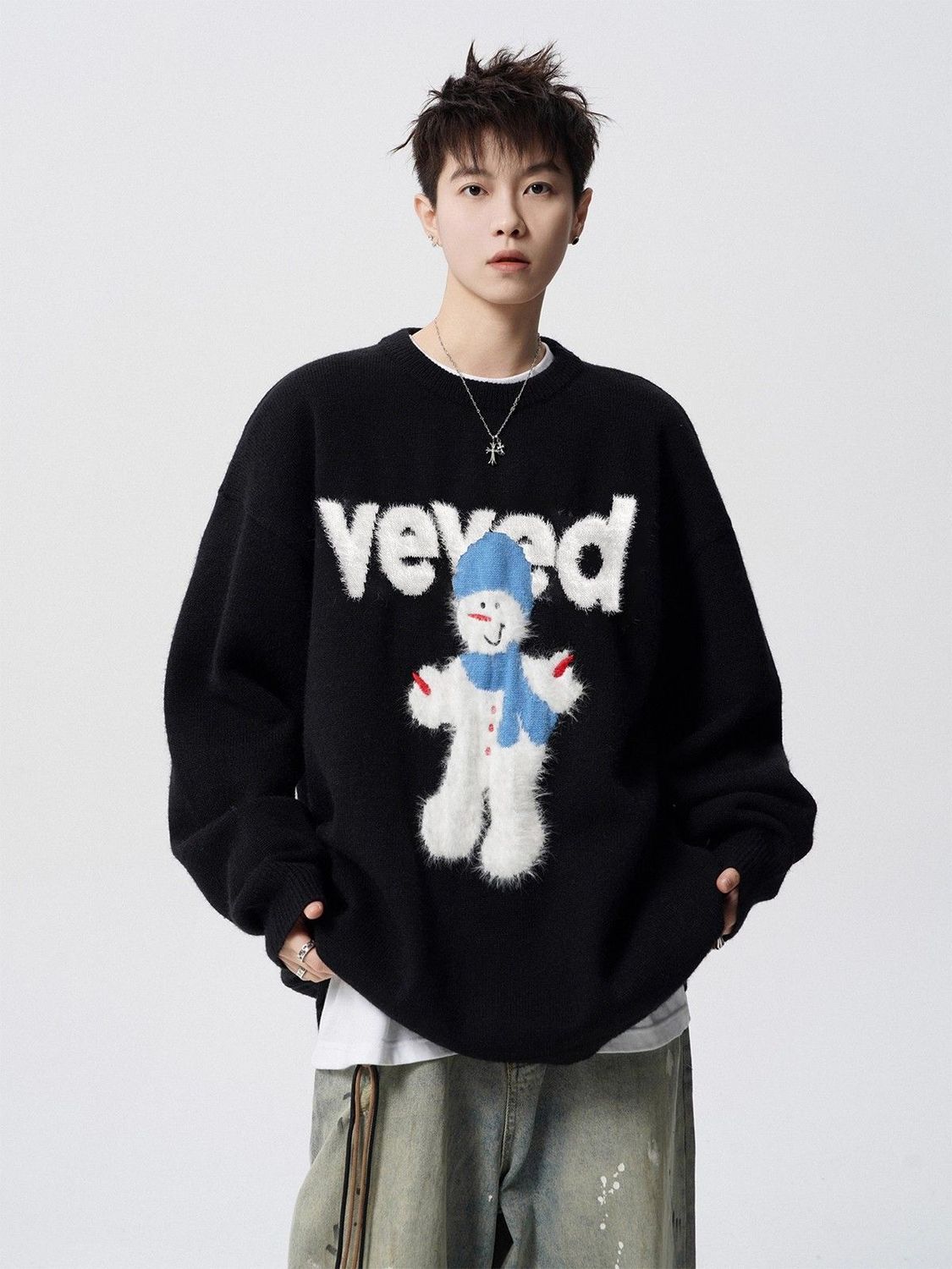 Atmosphere Schneemann-Weihnachtspullover für Herren, Herbst, amerikanische Trendmarke, Jacquard-Muster, lockerer Rundhalsausschnitt, Strickpullover_voghion.com