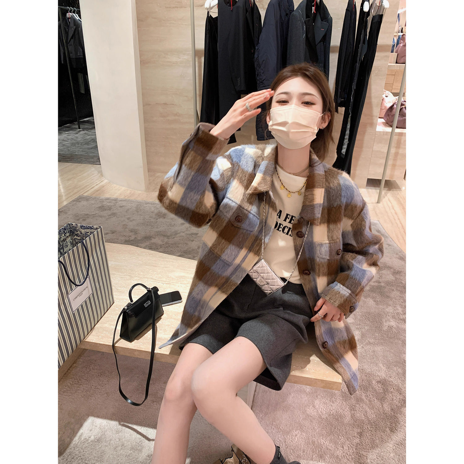 American retro woolen lazy contrasting plaid jacket for women in autumn and winter new design loose and versatile jacket top