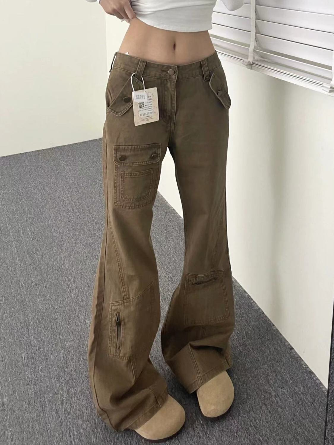 美式復古卡其色設計口袋工裝牛仔褲女春季低腰寬鬆顯瘦拖地馬蹄褲