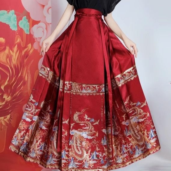  Autumn and Winter New Retro Improved Chinese Style Lace-Up Red Chinese New Year Daily Hanfu Han Element Horse Face Skirt