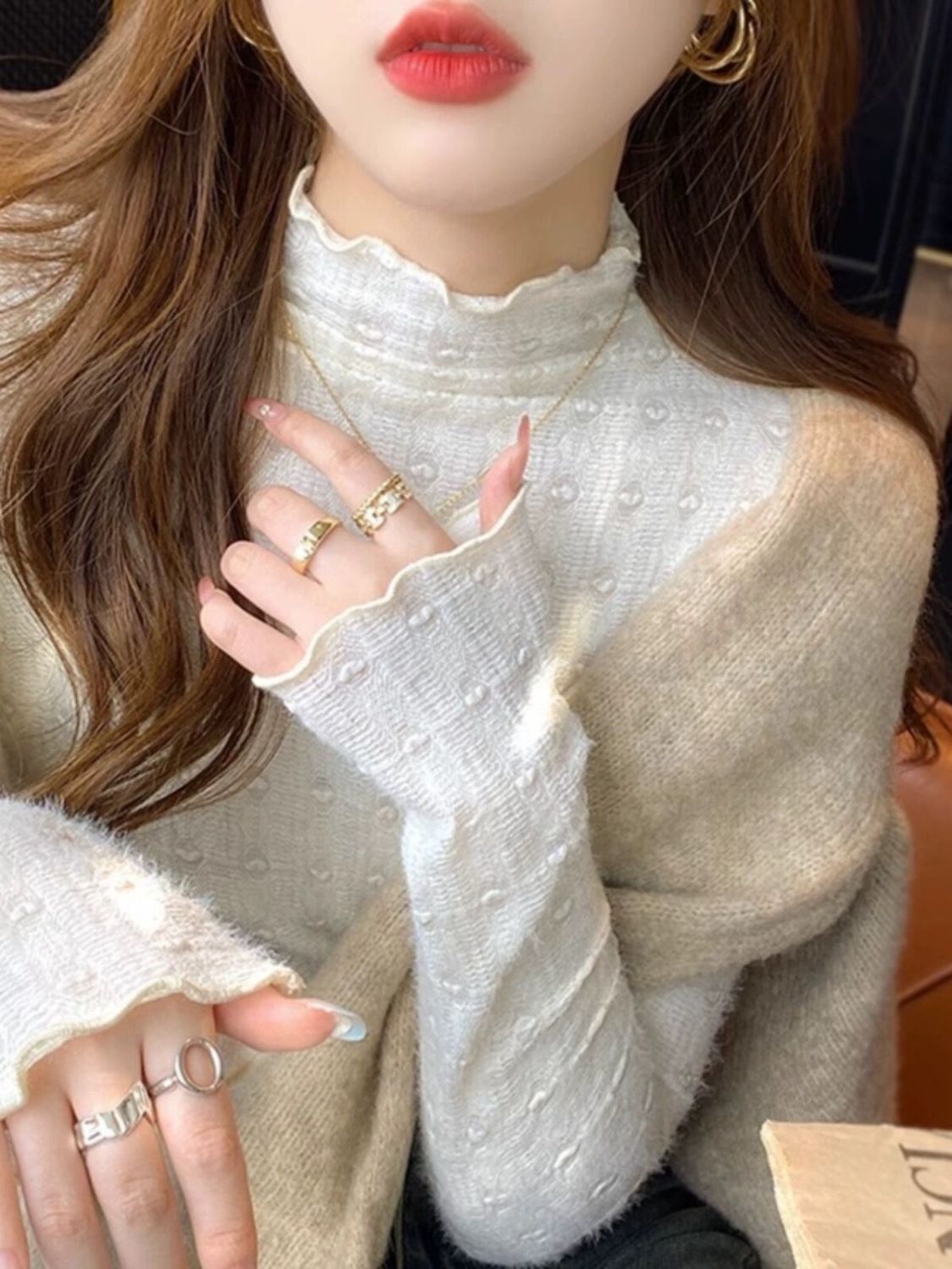 加絨磨毛蕾絲打底衫女秋冬新款半高領內搭高級感木耳邊長袖T恤女