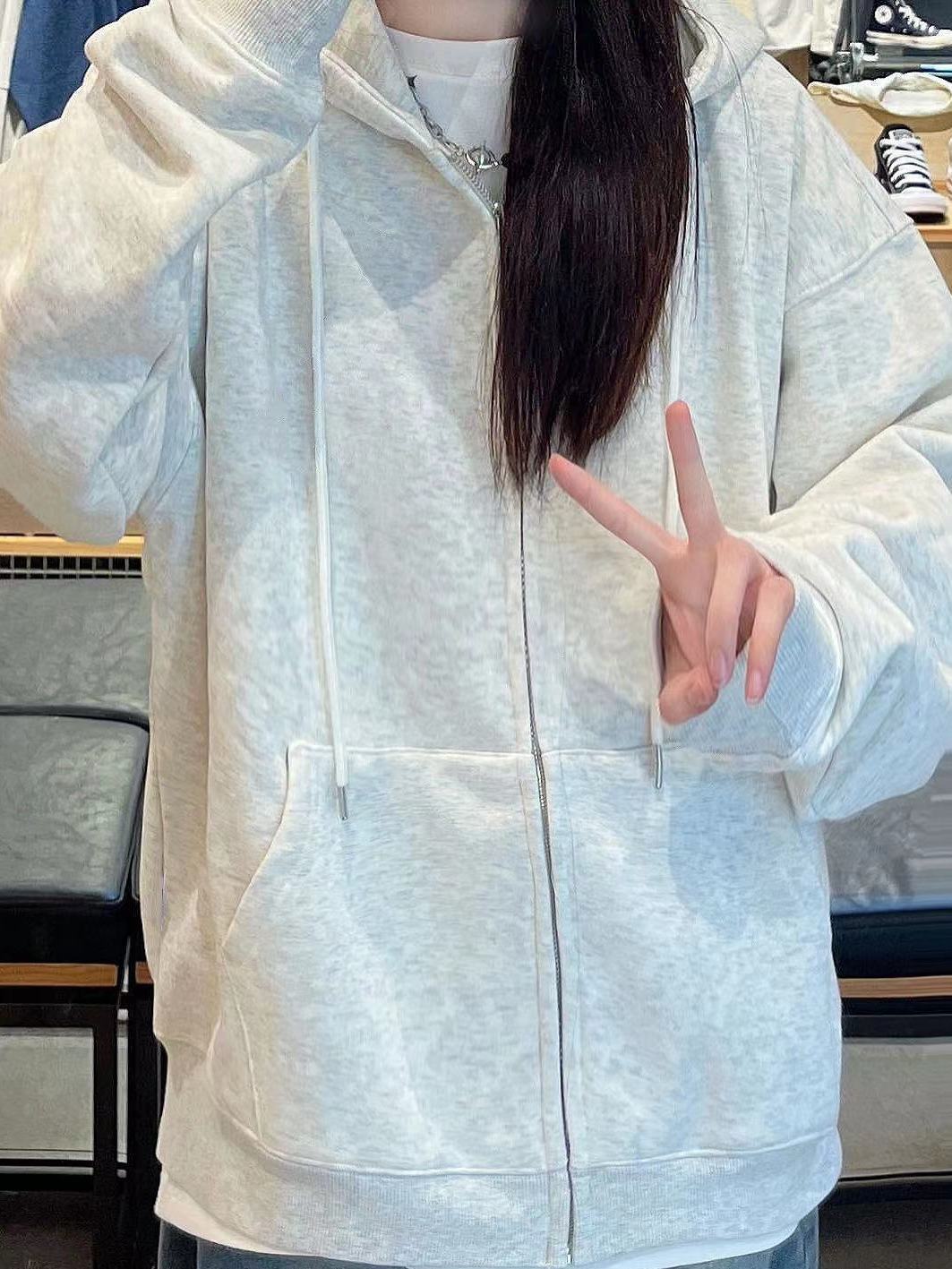 White and gray hooded sweatshirt 2023 spring and autumn style oversize loose drape lazy style zipper jacket cardigan