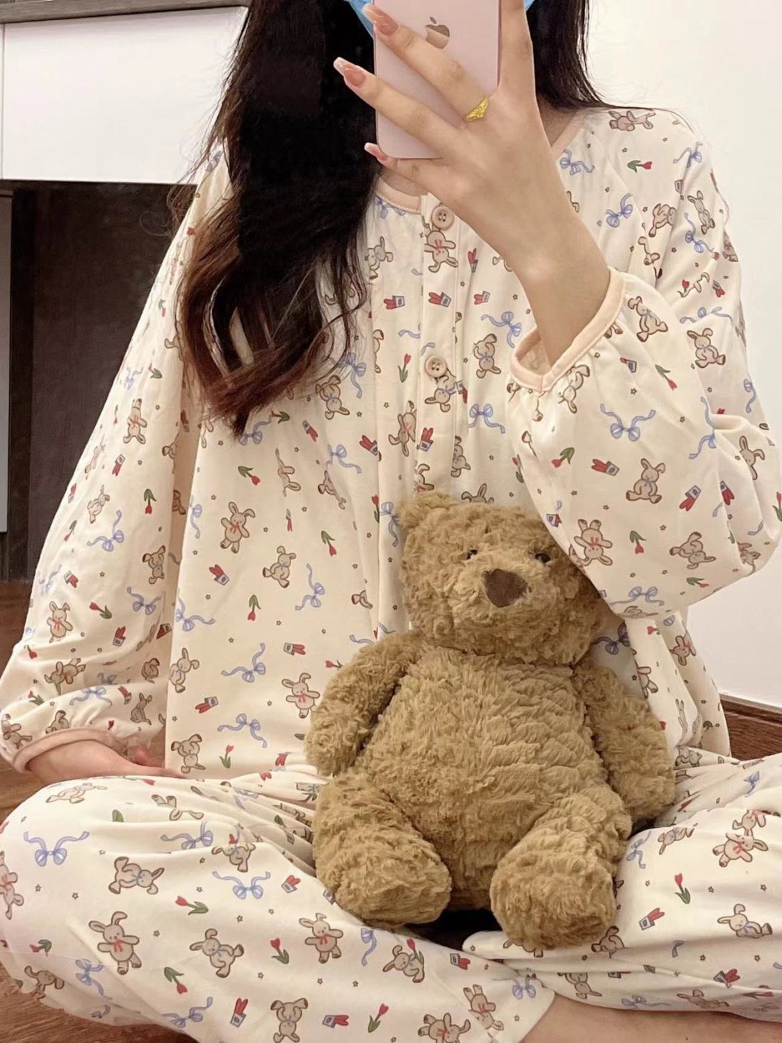 Pajamas for women spring and autumn new pure cotton cute little brown bear Japanese style ins sweet girl outer wear home clothes set