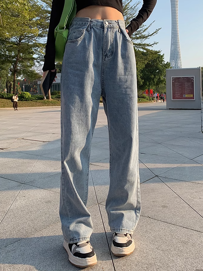 闊腿牛仔褲女秋冬高腰直筒寬鬆顯瘦美式高街bf慵懶風小個子褲子春