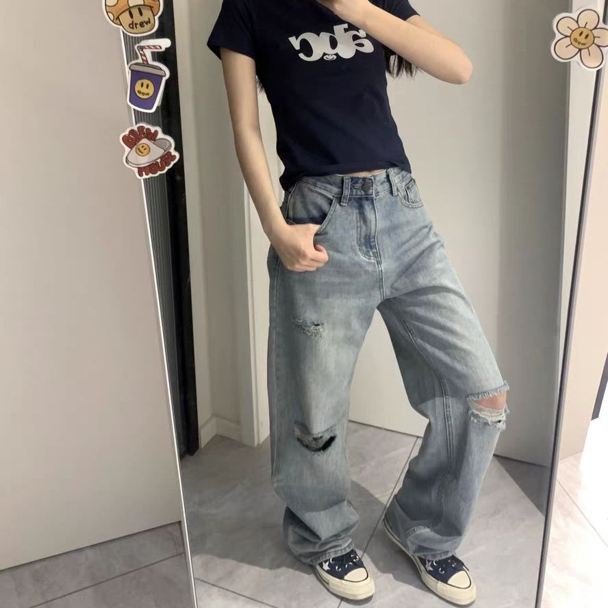 復古高街辣妹破洞牛仔褲女新款ins小個子顯瘦直筒寬鬆闊腿拖地褲