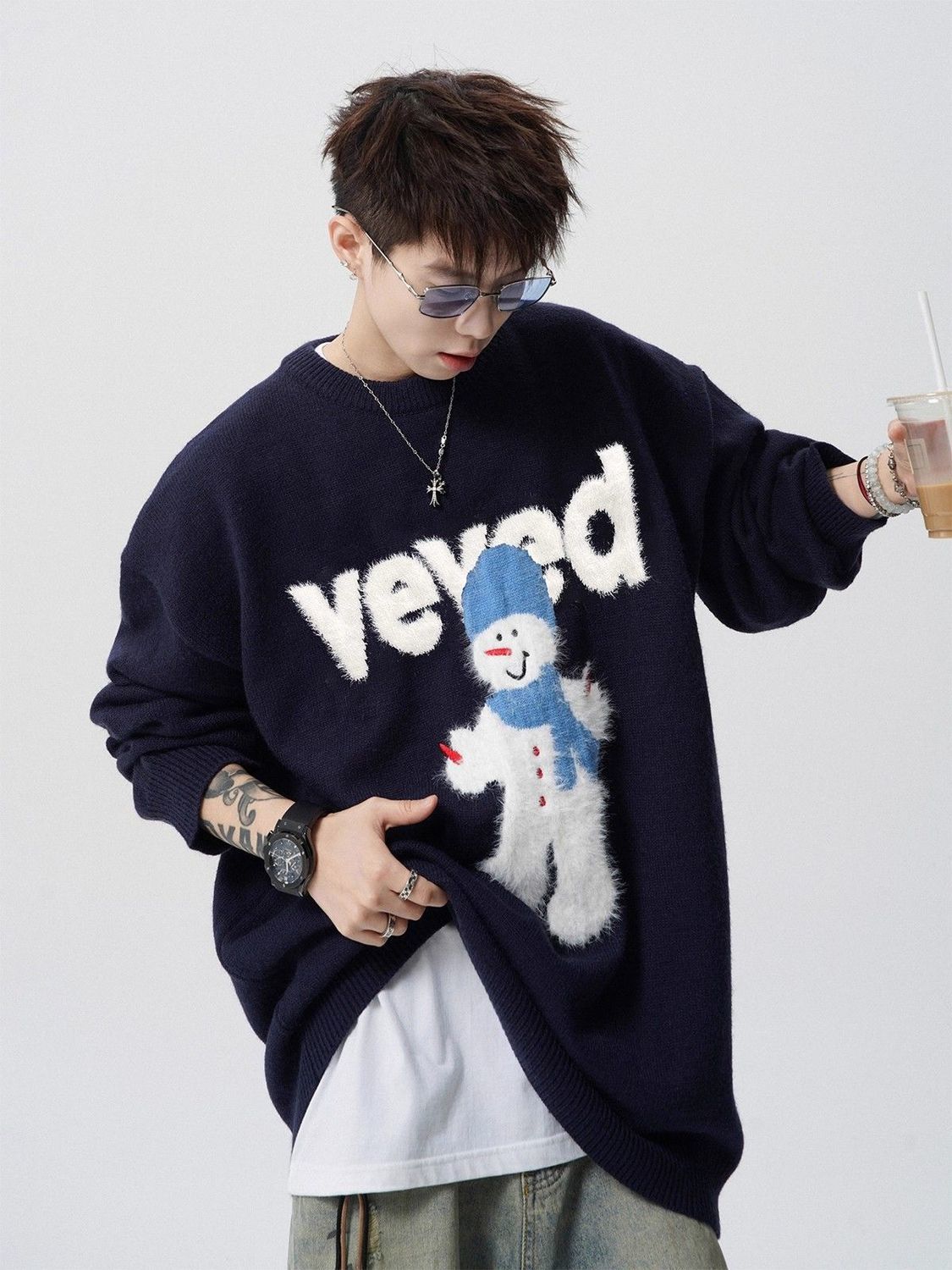 Atmosphere Schneemann-Weihnachtspullover für Herren, Herbst, amerikanische Trendmarke, Jacquard-Muster, lockerer Rundhalsausschnitt, Strickpullover_voghion.com