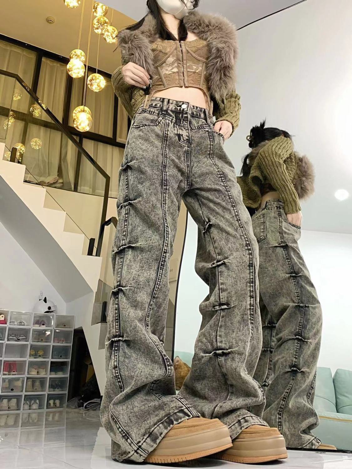 美式復古廢土水洗微叭牛仔褲女秋冬褶皺設計感高腰寬鬆顯瘦闊腿褲