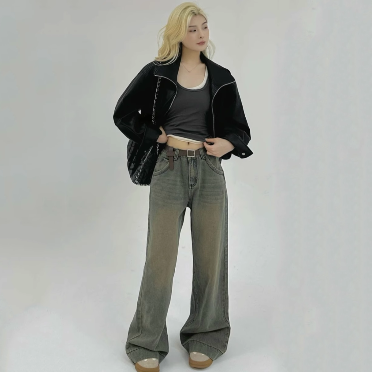 美式復古水洗闊腿牛仔褲女秋冬小個子時髦百搭寬鬆顯瘦直筒拖地褲