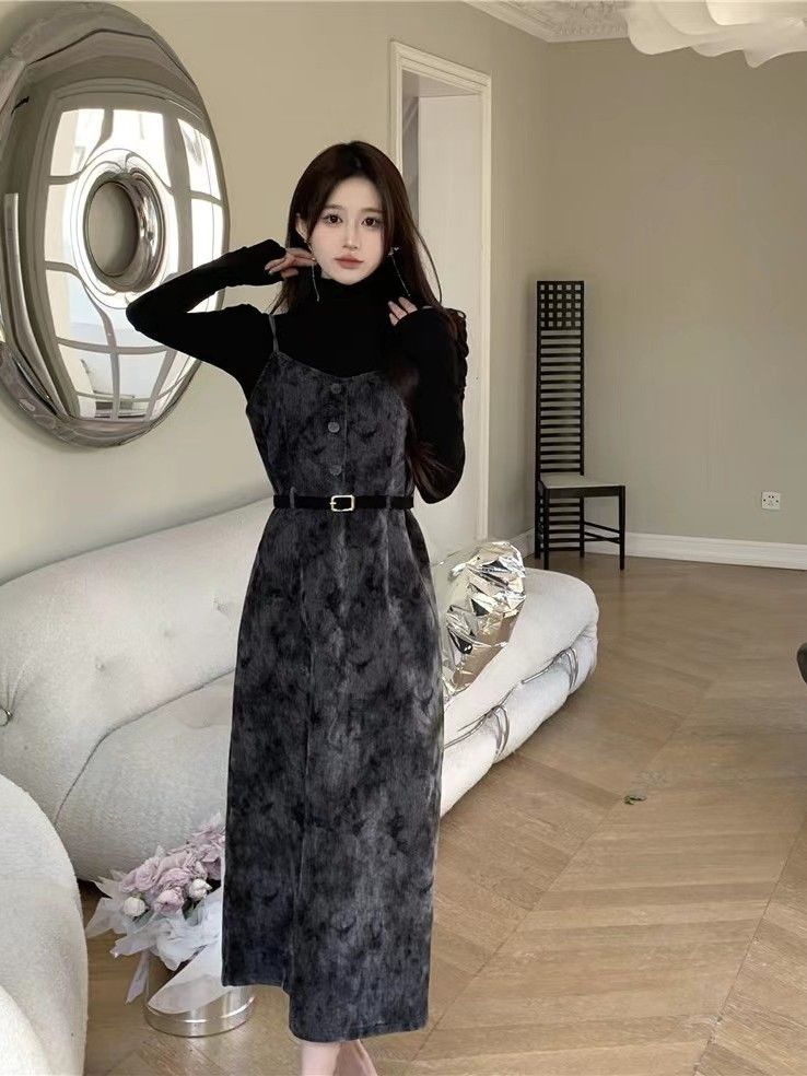 大碼胖妹妹法式復古吊帶連衣裙兩件套新款秋冬高領打底高級套裝