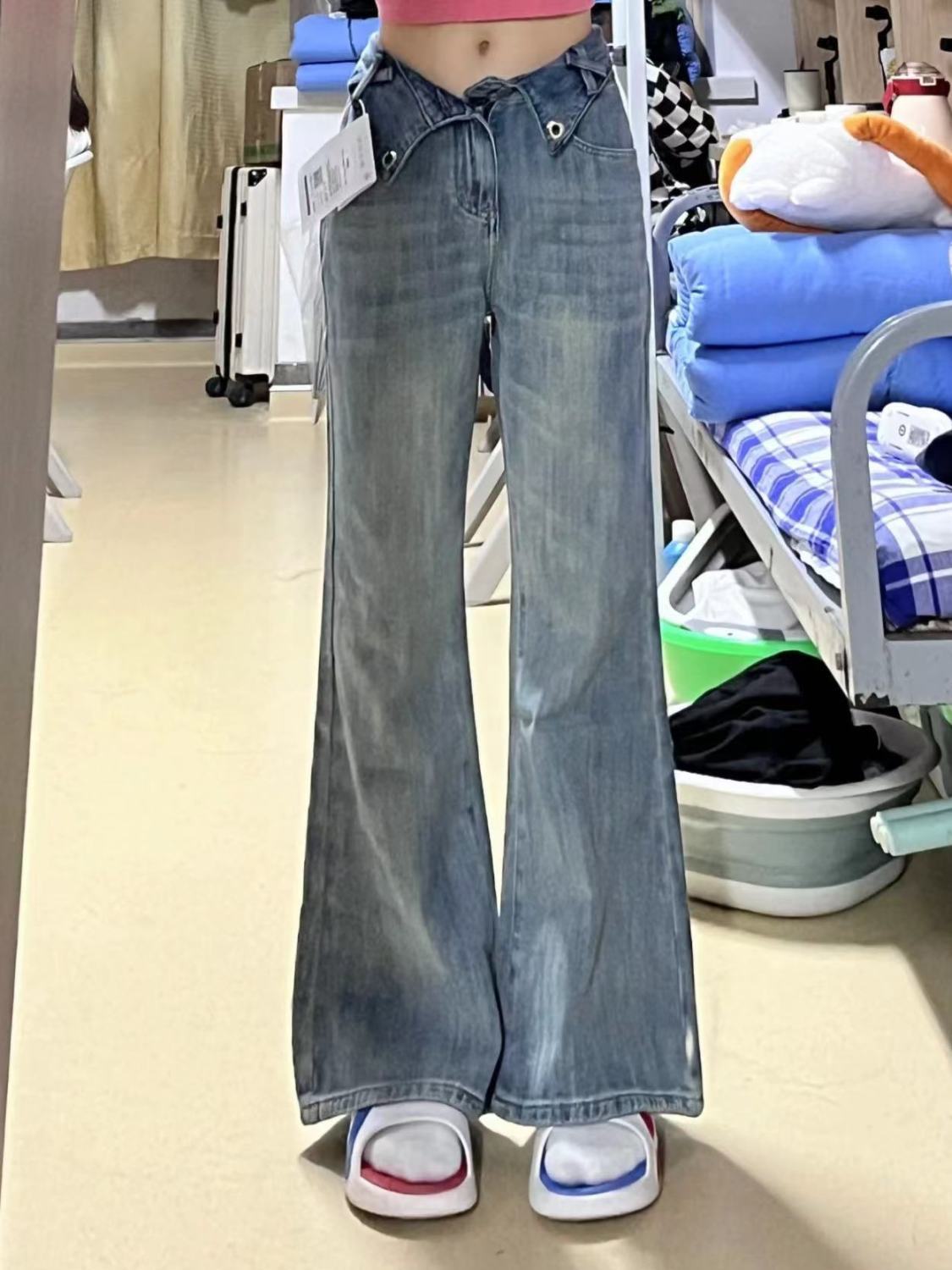 復古翻折腰微喇叭牛仔褲女秋季小個子高腰修身顯瘦直筒拖地褲子潮