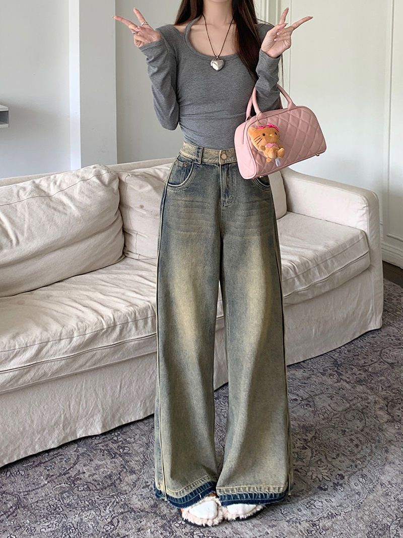 美式復古拼接闊腿牛仔褲女秋冬ins新款高腰寬鬆毛邊闊腿拖地褲子