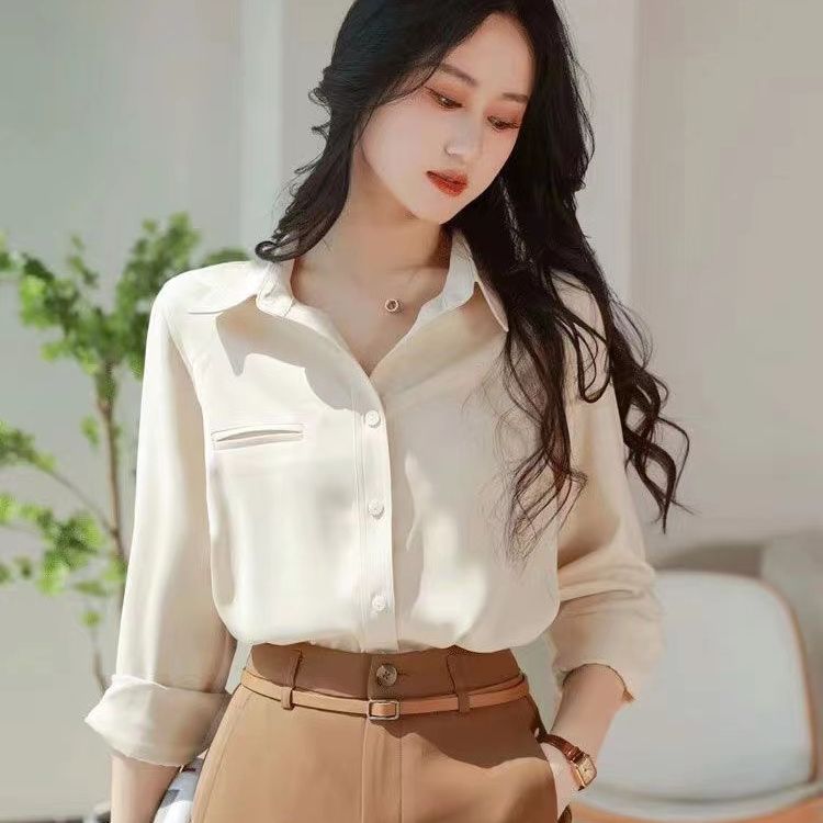 格瑞吉奧秋冬復古慵懶風寬鬆純色長袖襯衫女法式百搭疊穿襯衣女