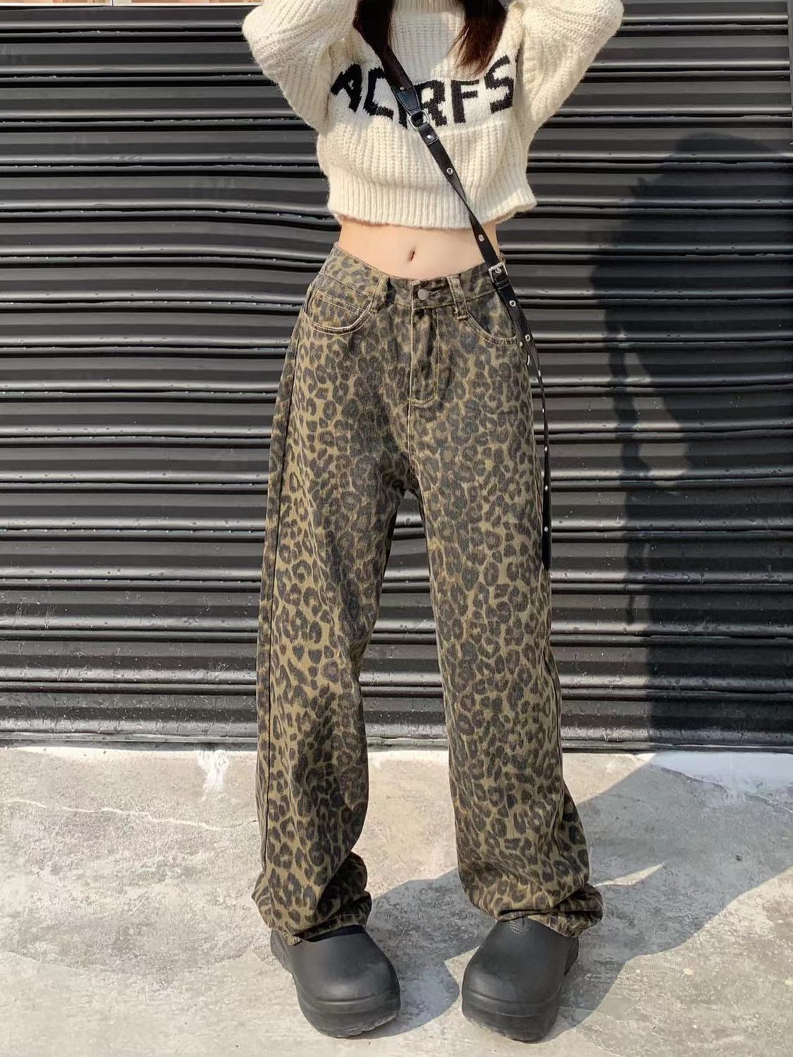 高街復古豹紋設計感高腰闊腿牛仔褲女春秋新款寬鬆直筒拖地褲子潮