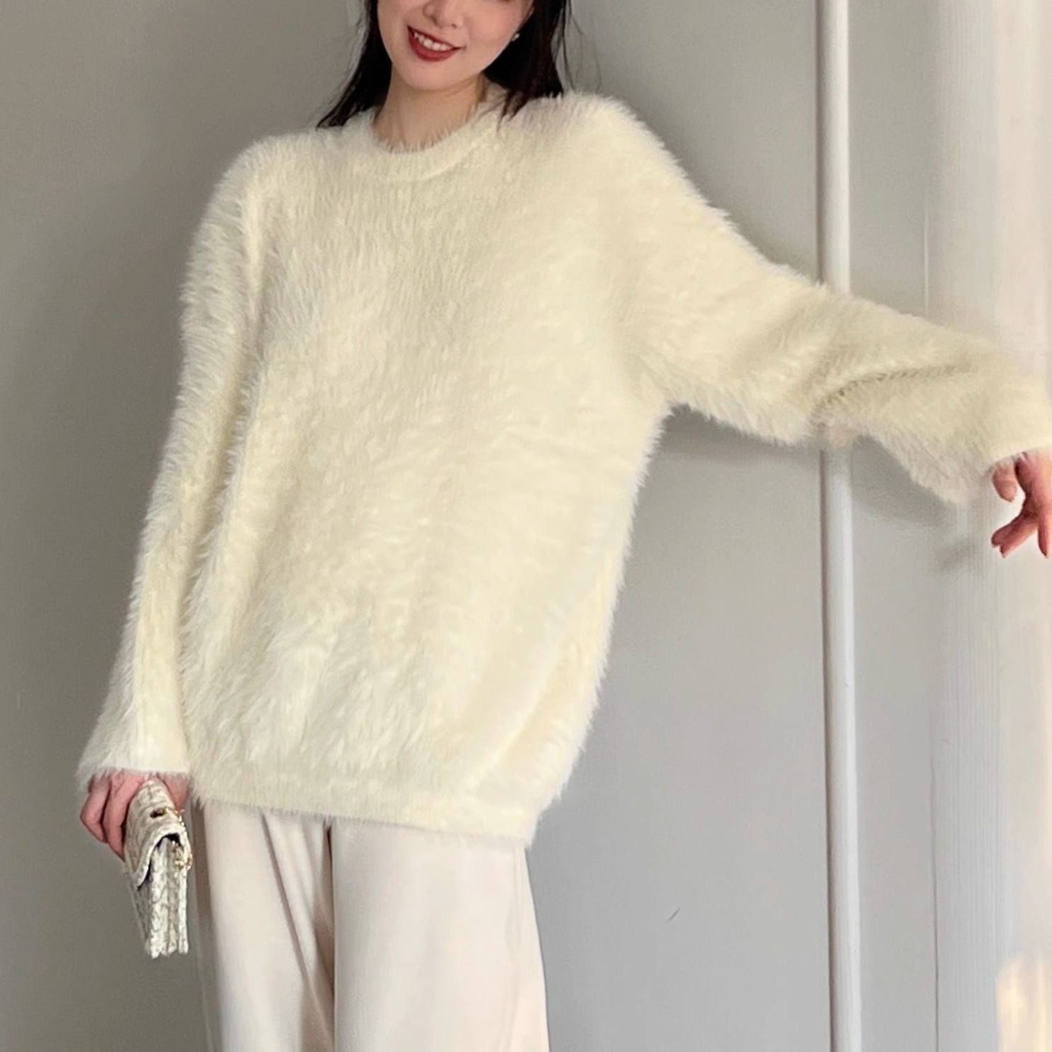 2023新款法式水貂絨毛衣女秋季新款簡約慵懶風寬鬆溫柔風針織上衣