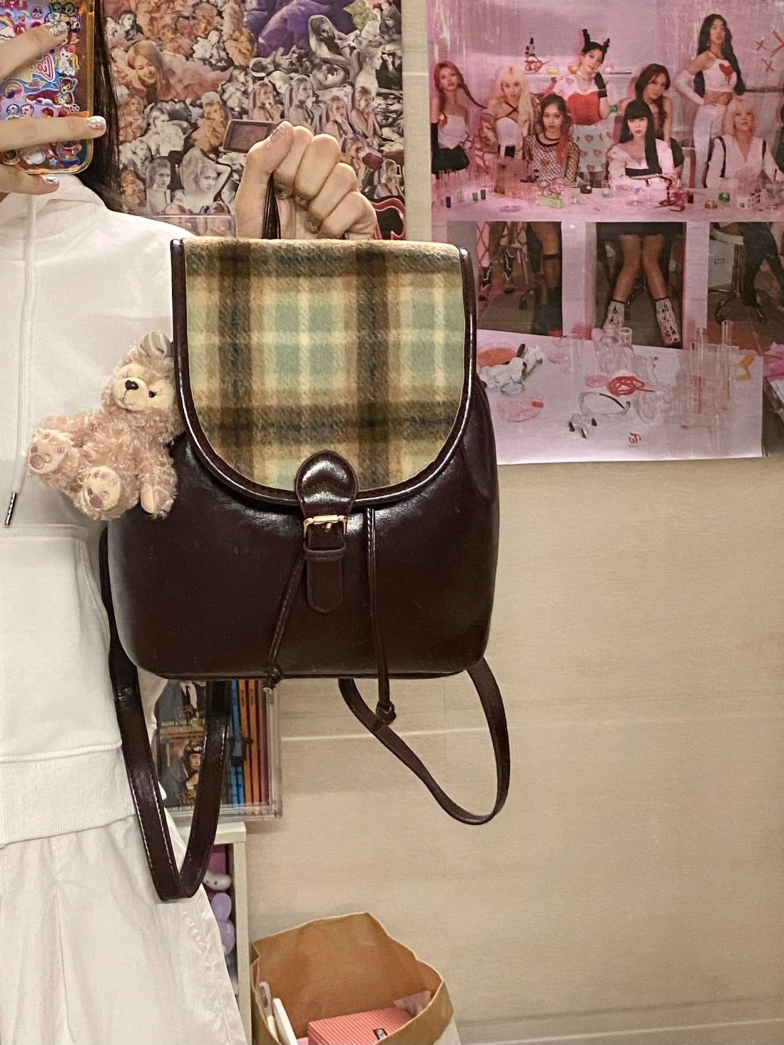 百搭氣質高級感呢子拼接雙肩包女學院風復古格紋小背包大容量書包