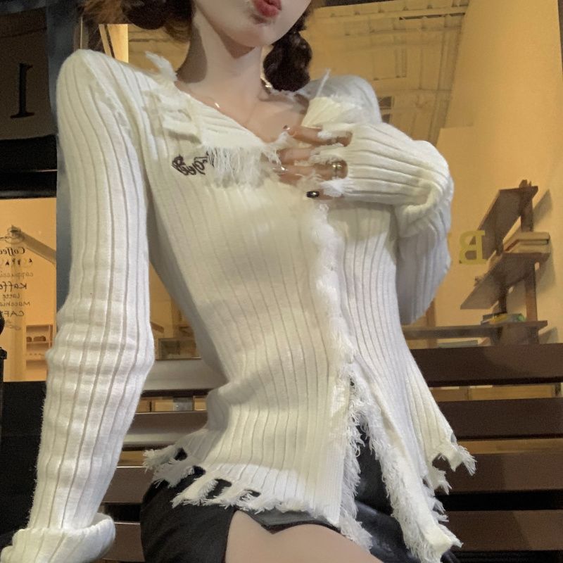 純欲風設計感毛邊V領毛衣女裝2023秋冬新款修身顯瘦別致開衫上衣