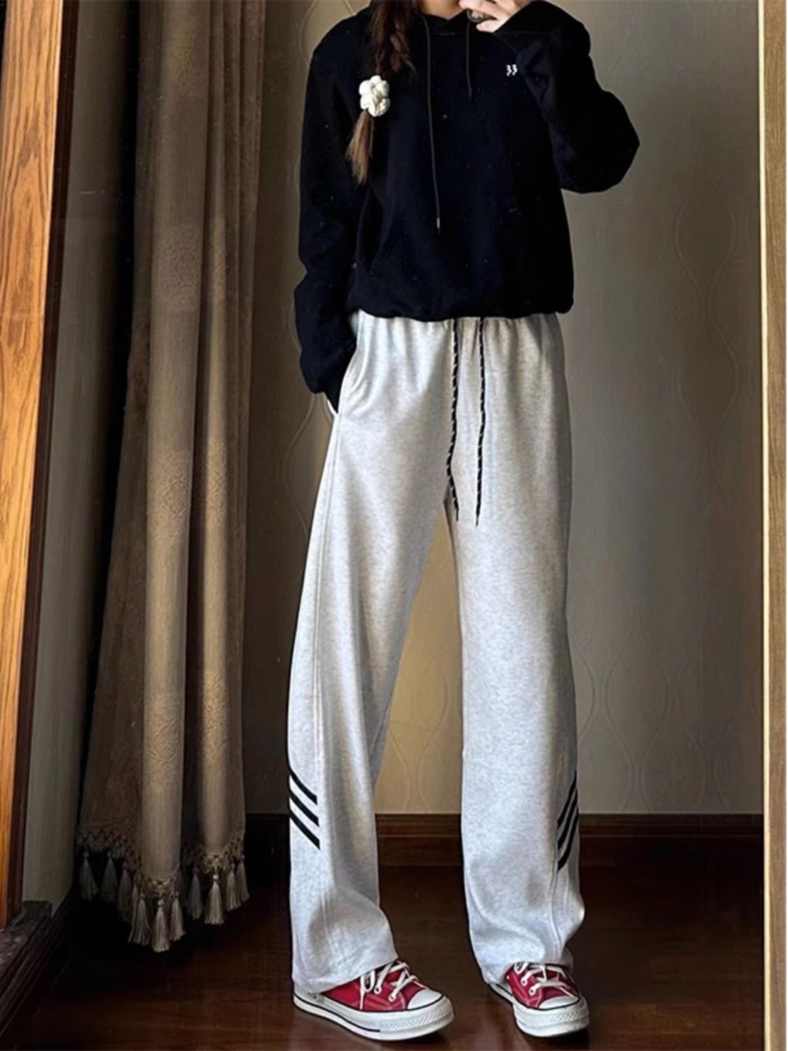 花灰三槓美式高街直筒褲寬鬆運動褲女高腰休閒闊腿衛褲子春秋潮