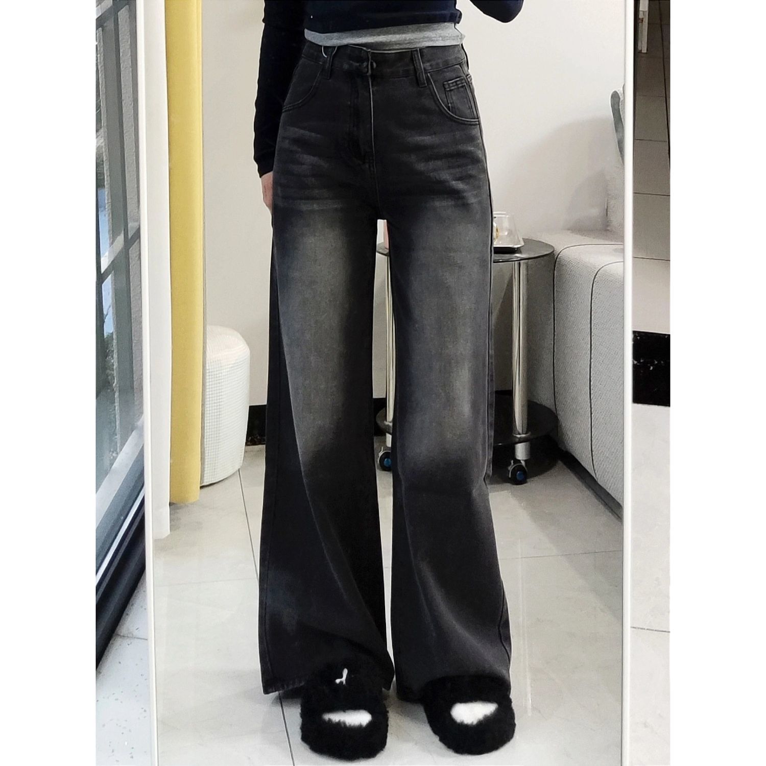 美拉德黑灰色寬鬆闊腿牛仔褲女秋冬新款高腰顯瘦垂感百搭拖地褲子