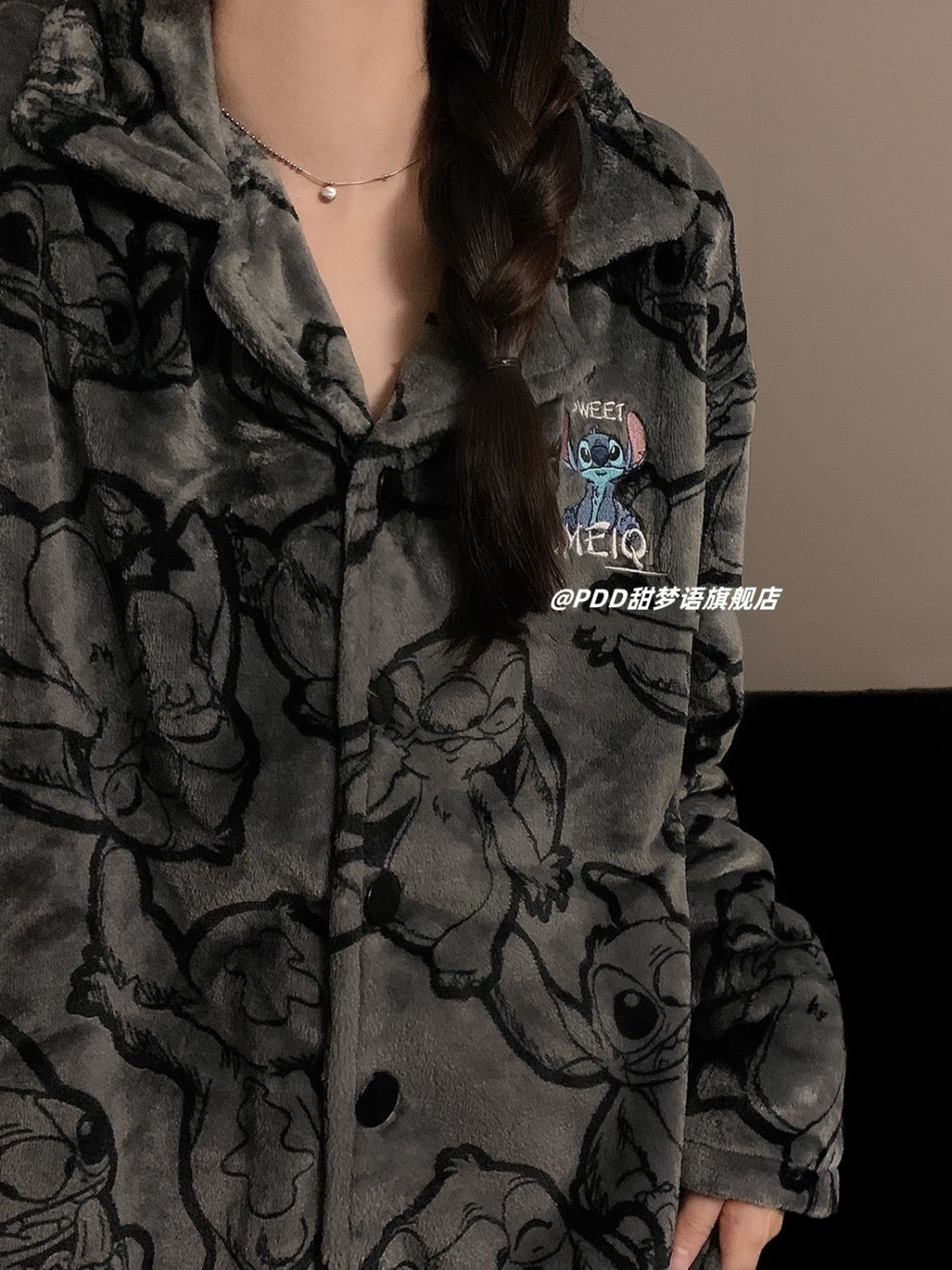卡通保暖睡衣女秋冬季加厚珊瑚絨可愛史迪仔學生法蘭絨家居服套裝