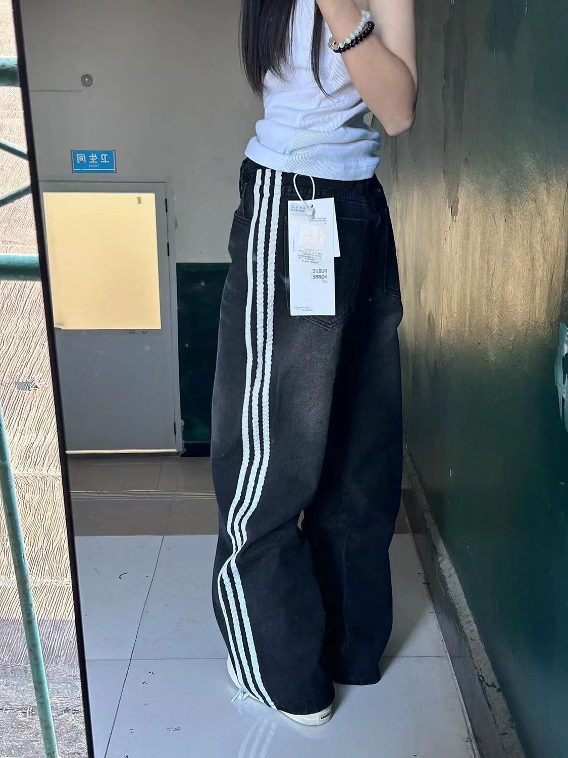 大碼美式高街黑色直筒牛仔褲女秋冬季休閒寬鬆顯瘦高腰闊腿拖地褲