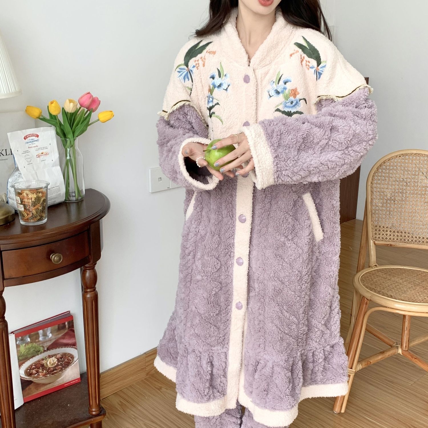 冬季睡袍女加厚法兰绒新中式睡衣中国风甜美长裤保暖家居服套装