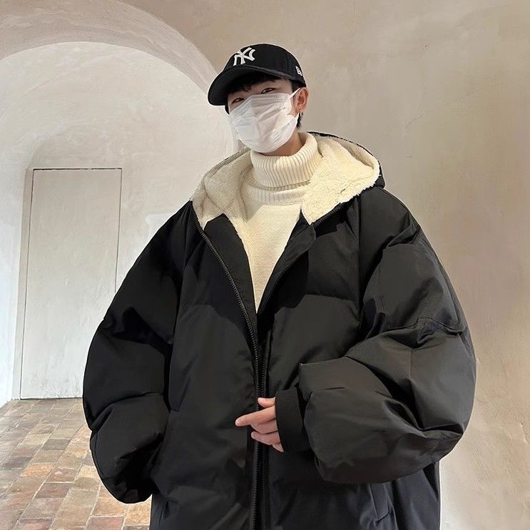 冬季棉服外套男款加絨純色連帽加厚麵包棉衣寬鬆羊羔絨大碼棉襖冬