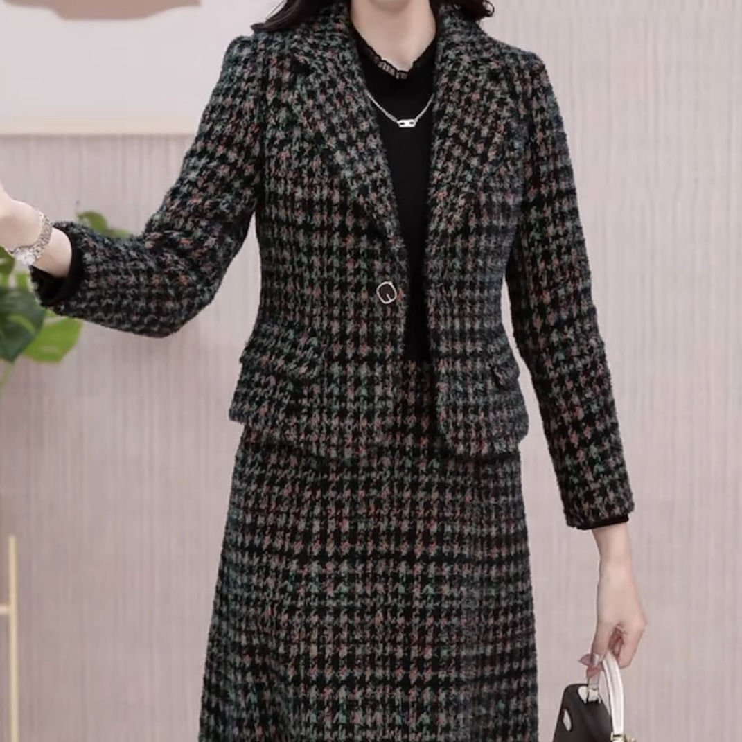 海島絨兩件套2023秋季新款小香風外套連衣裙套裝千鳥格時尚套裝女