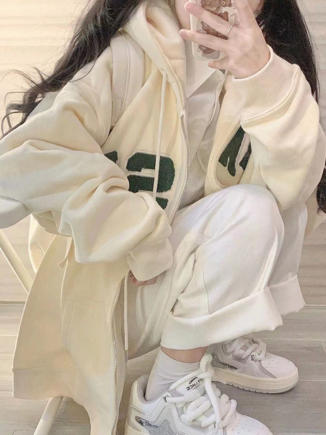 奶杏色連帽衛衣女秋冬季加絨加厚oversize寬鬆垂墜感慵懶外套外穿