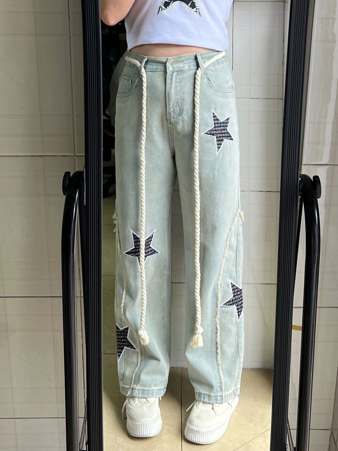 美拉德小個子牛仔褲女大碼星星刺繡設計毛邊褲胖mm復古休閒直筒褲