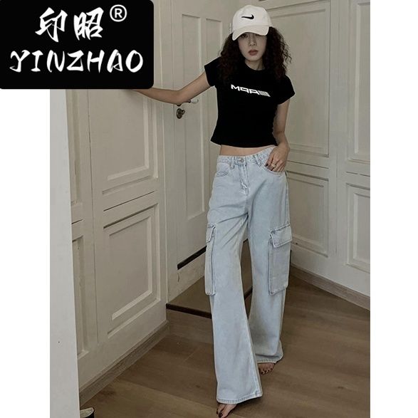 【印昭YINZHAO】牛仔褲女秋季美式工裝寬鬆直筒淺藍色拖地闊腿褲