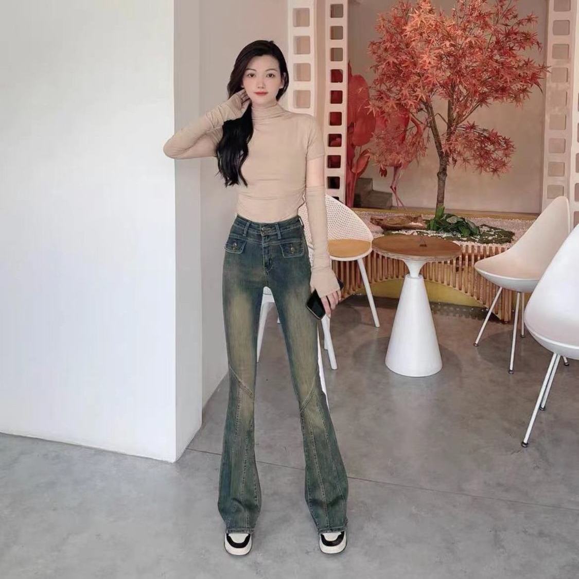 美式小個子復古洗水牛仔褲女修身彈力顯瘦微喇褲辣妹馬蹄闊腳長褲