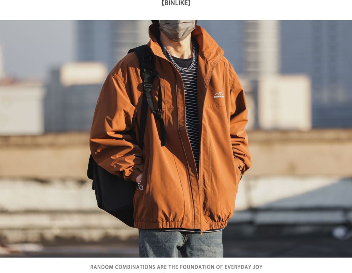Veste de travail homme ample et polyvalente, style rétro automne-hiver, col montant, coupe-vent tendance et décontracté._voghion.com