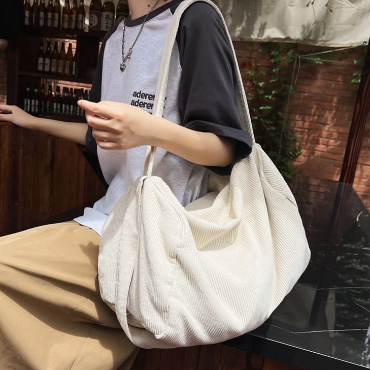 日系復古簡約托特燈芯絨斜挎包女學生帆布慵懶大容量文藝百搭單肩