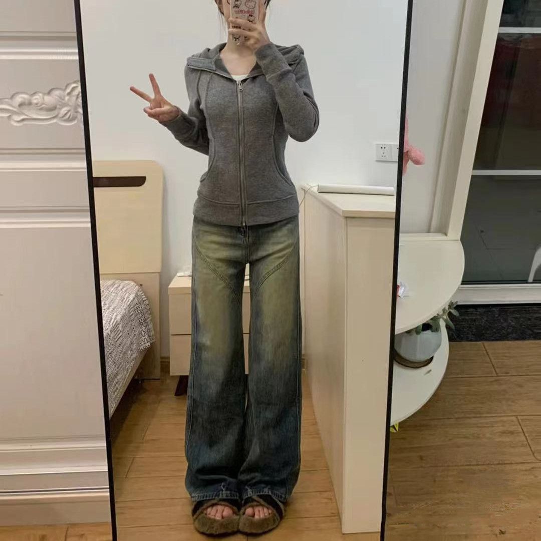 大碼復古水洗做舊寬鬆直筒牛仔褲女秋季高腰顯瘦垂感拖地闊腿褲潮
