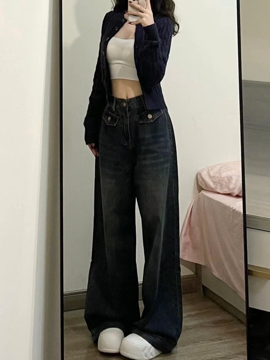 美式小個子復古闊腿牛仔褲女秋冬設計感高腰顯瘦寬鬆垂感拖地褲潮