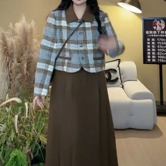 大碼胖mm【楓糖奶糖】秋冬法式復古小香風格紋A字高腰套裝顯瘦