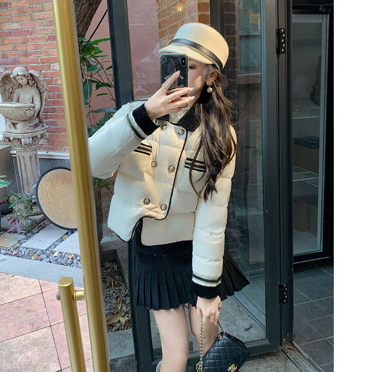 法式氣質高級感小香風拼接polo領棉衣女2023冬新款小個子棉服外套