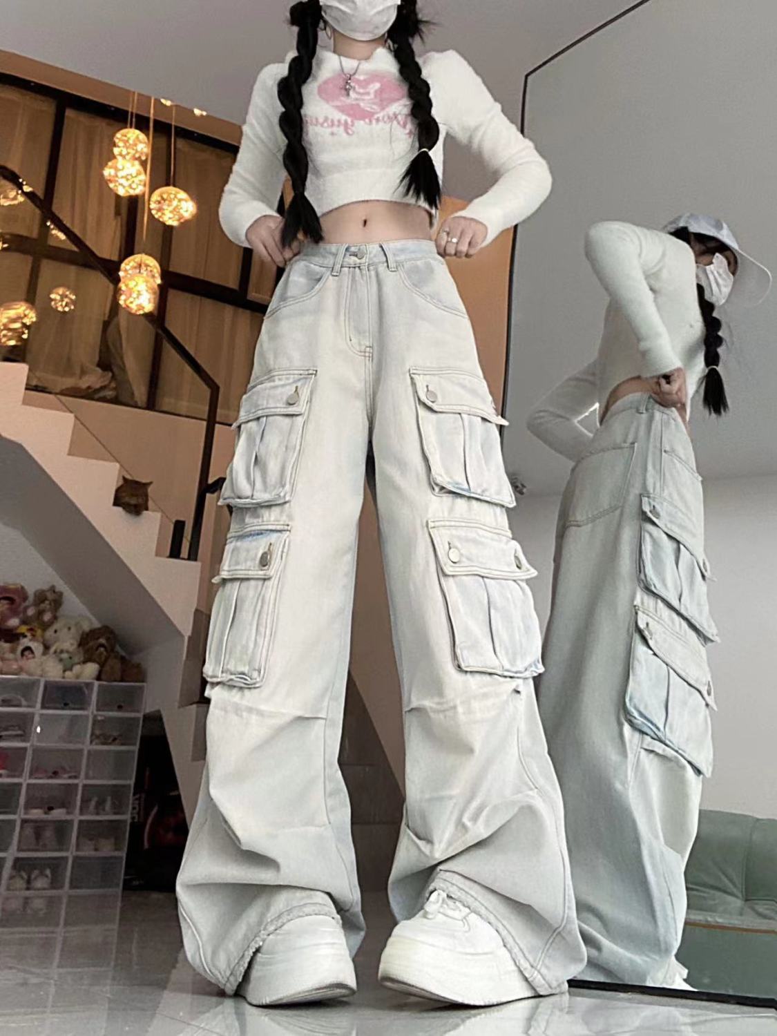 美式淺色工裝牛仔褲女秋冬多口袋設計感高腰寬鬆顯瘦闊腿拖地褲潮