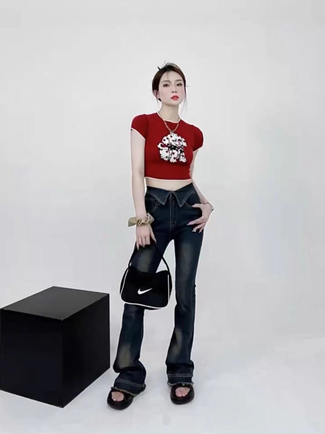 美式復古高腰顯瘦直筒修身彈力褲子潮流微喇叭辣妹牛仔馬蹄長褲女