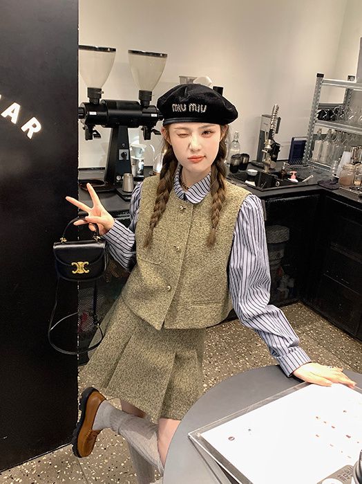 2023秋季新款大碼胖MM美拉德穿搭馬甲襯衫短裙長裙半身裙時髦套裝