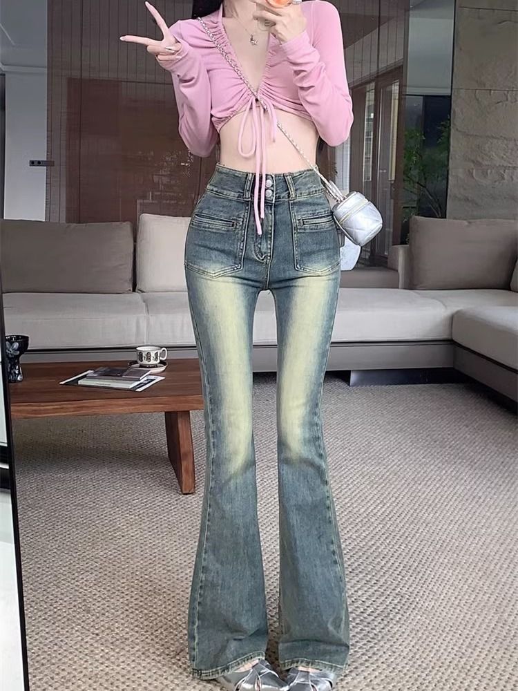 復古辣妹微喇牛仔褲女2023年秋冬新款高腰顯瘦小個子拖地喇叭長褲